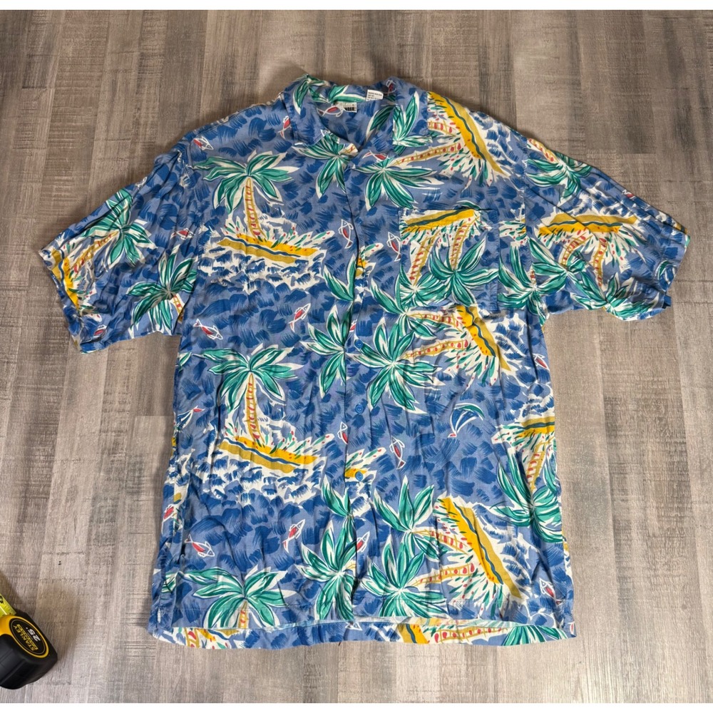 Islander Mens Blue Tropical Palm Tree 80s Rayon Hawaiian Button Up Camp Shirt L